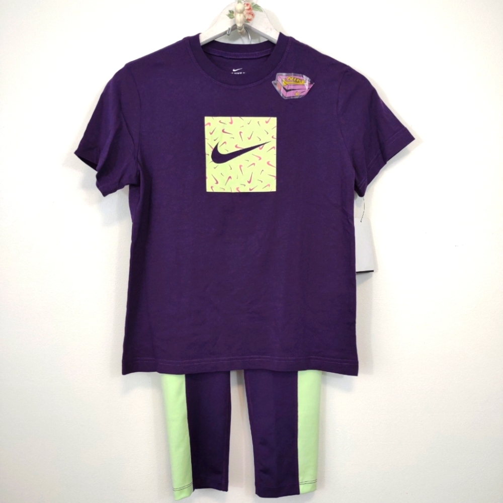 2 pc Nike T Shirt and Leggings Girls size L Purple Green Retro